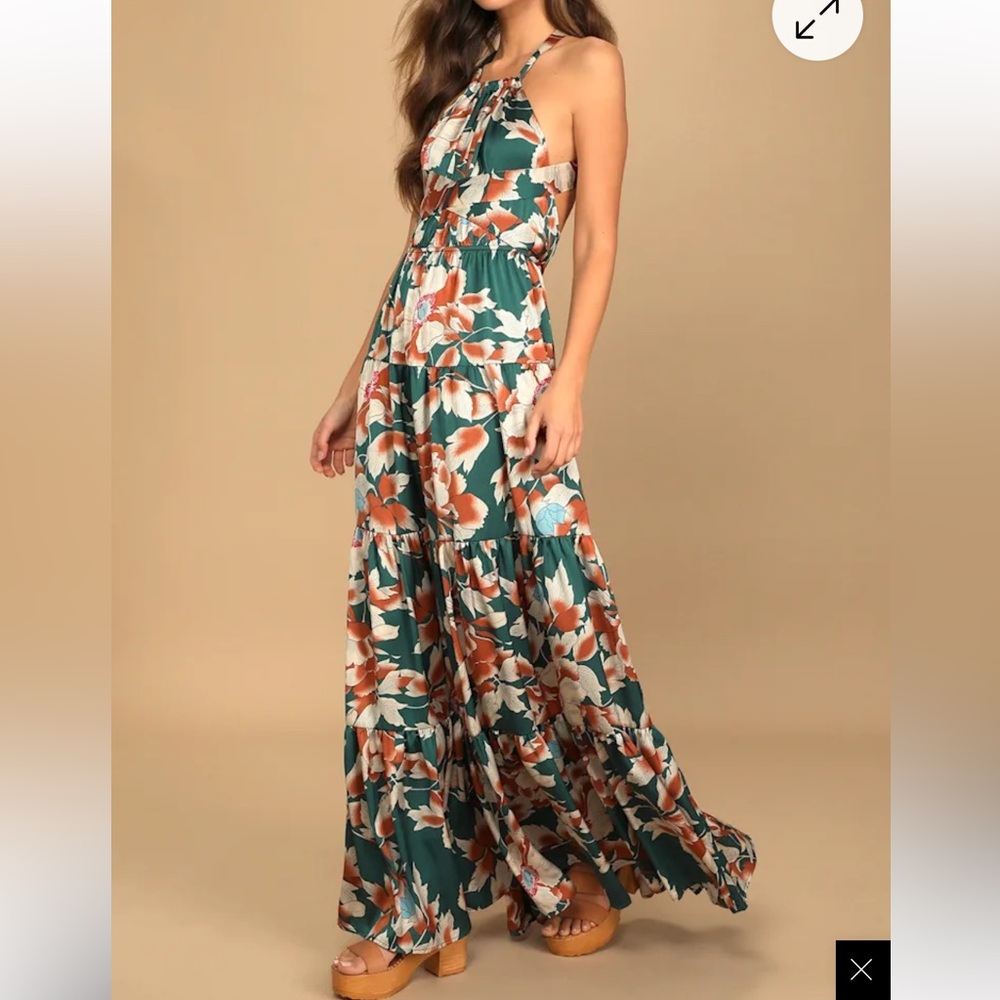 Lulus Heat Wave Babe Green Floral Print Tie-Back Tiered Maxi Dress
